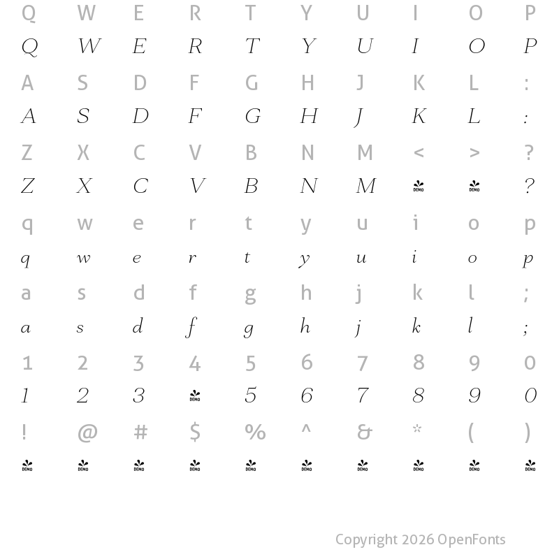 Character Map of FONTSPRING DEMO - Mantonico ExtLt Italic