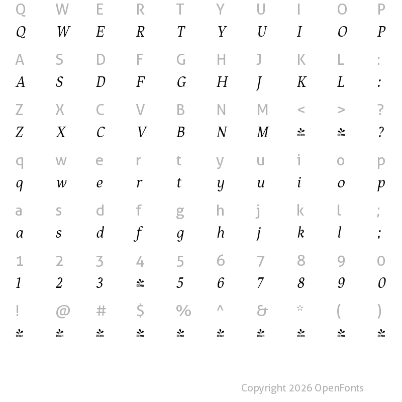 Character Map of FONTSPRING DEMO - Manzello Regular Italic Regular