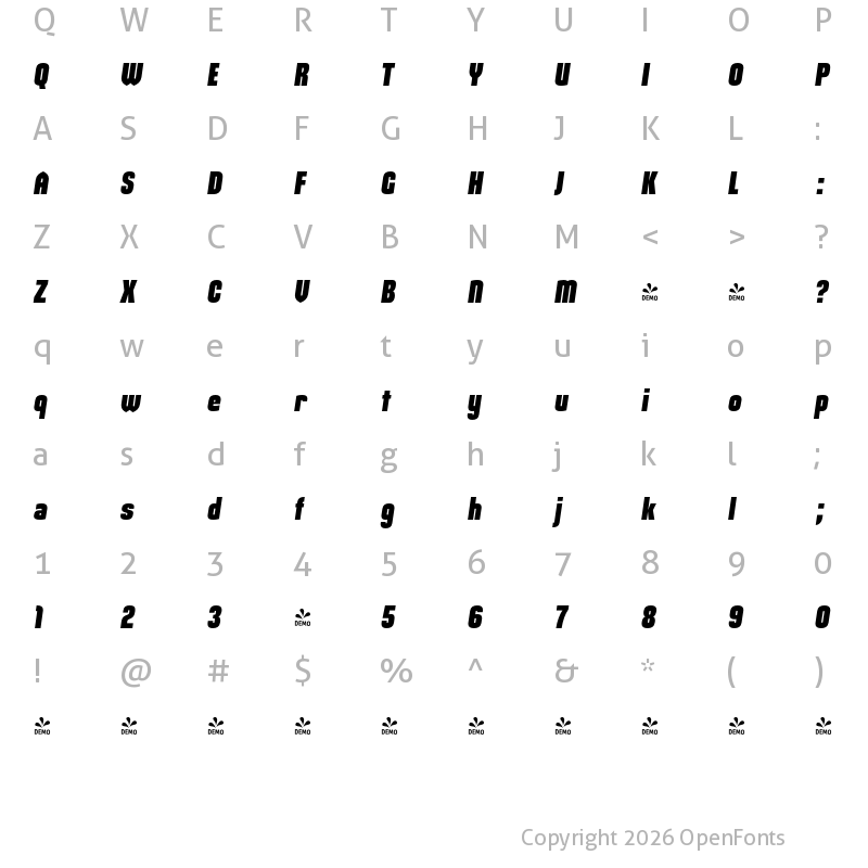 Character Map of FONTSPRING DEMO - Maqui Bl Italic