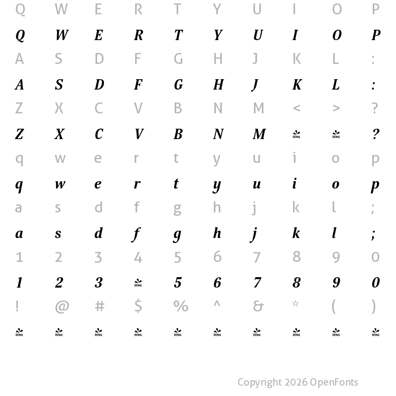 Character Map of FONTSPRING DEMO - Margon 380 Bold Italic