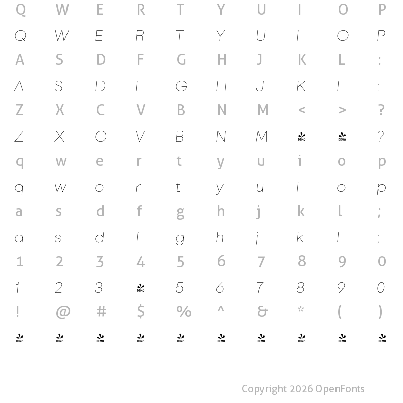 Character Map of FONTSPRING DEMO - Marlin Sans Slant Thin Regular