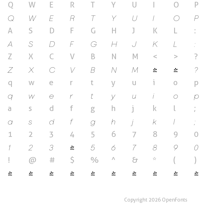 Character Map of FONTSPRING DEMO - Marlin Sans Thin Italic