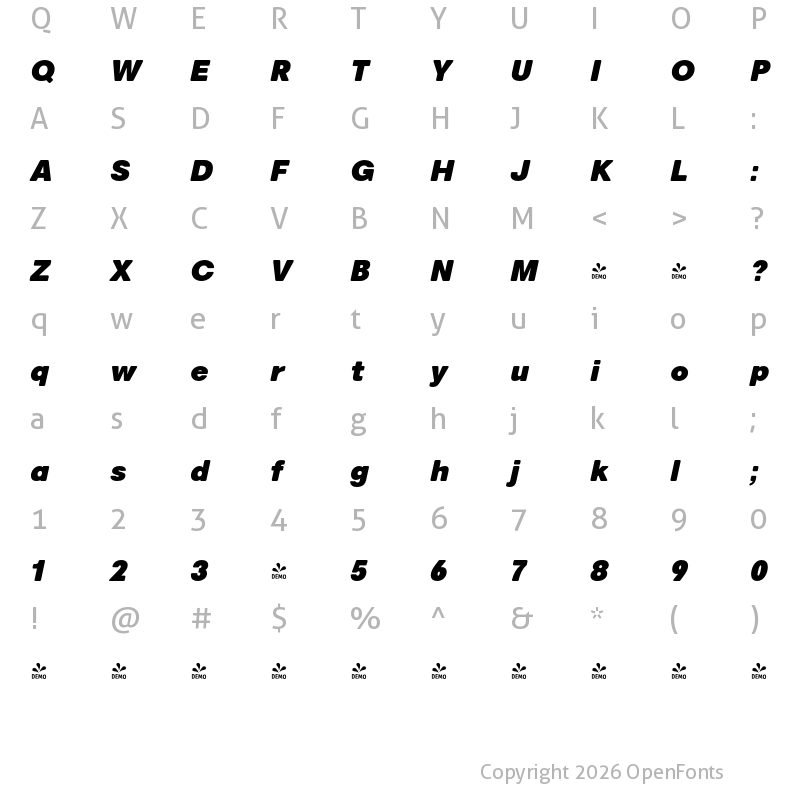 Character Map of FONTSPRING DEMO - Marlin Soft SQ ExtBlk Italic