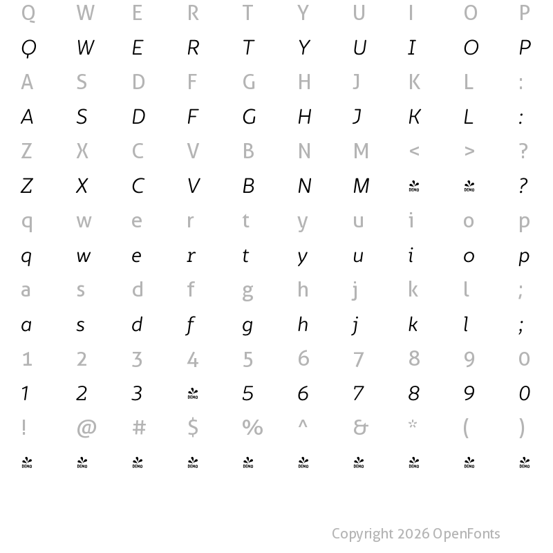 Character Map of FONTSPRING DEMO - Marlon Pro Italic