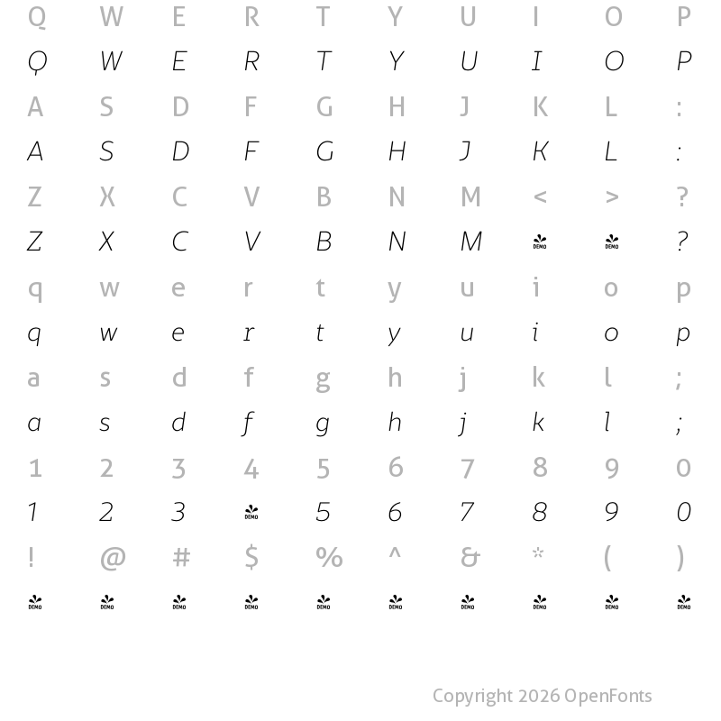 Character Map of FONTSPRING DEMO - Marlon Pro Light Italic