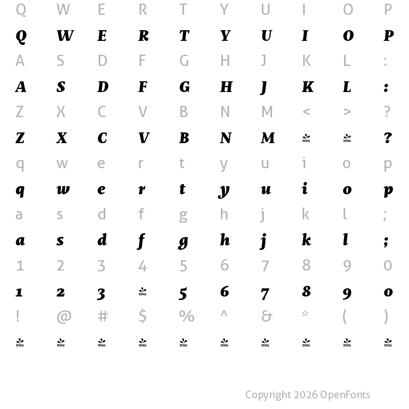 Character Map of FONTSPRING DEMO - Mastro Caption Black Italic Regular
