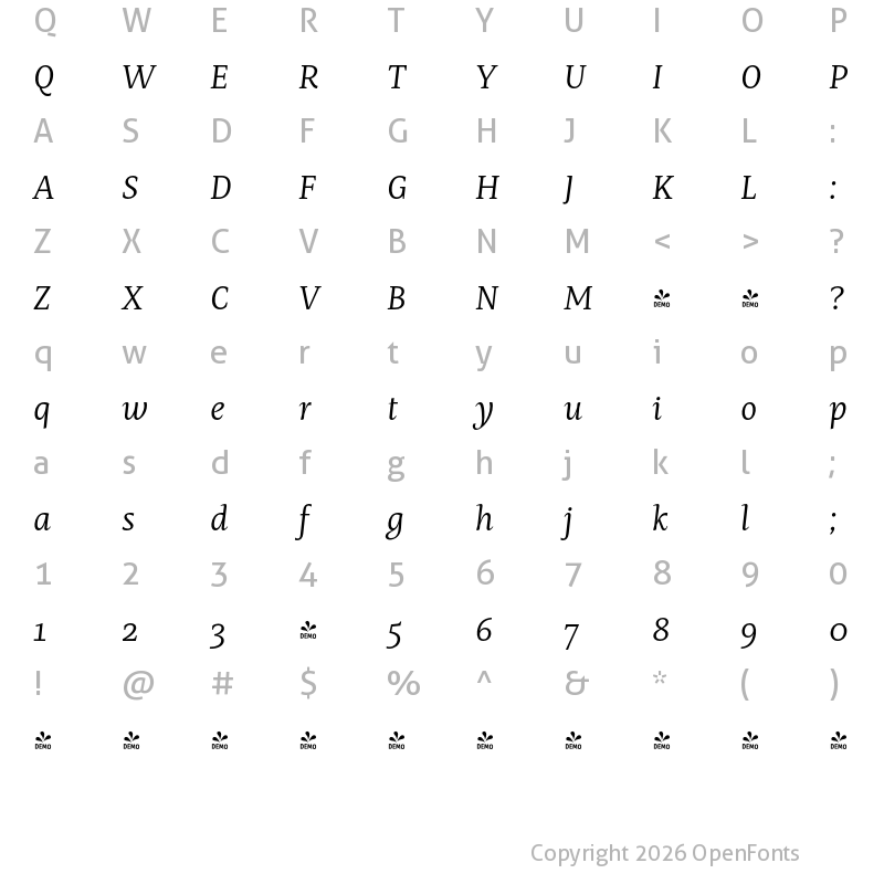 Character Map of FONTSPRING DEMO - Mastro Caption Book Italic Regular