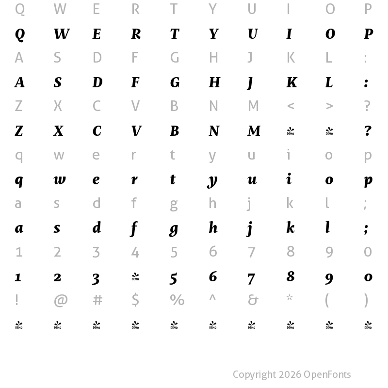 Character Map of FONTSPRING DEMO - Mastro Caption Ex Bold Italic Regular