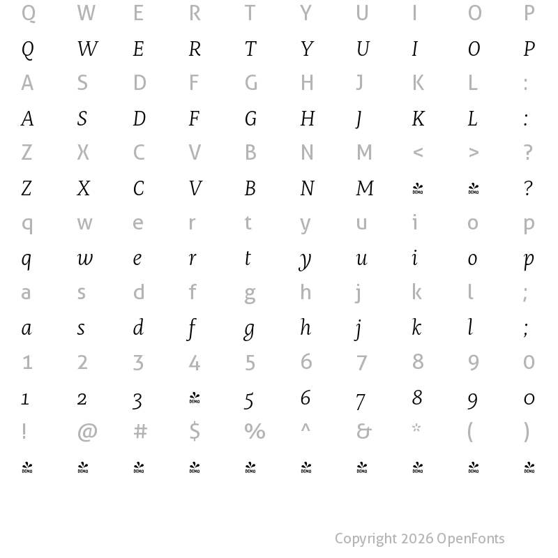 Character Map of FONTSPRING DEMO - Mastro Caption Light Italic Regular