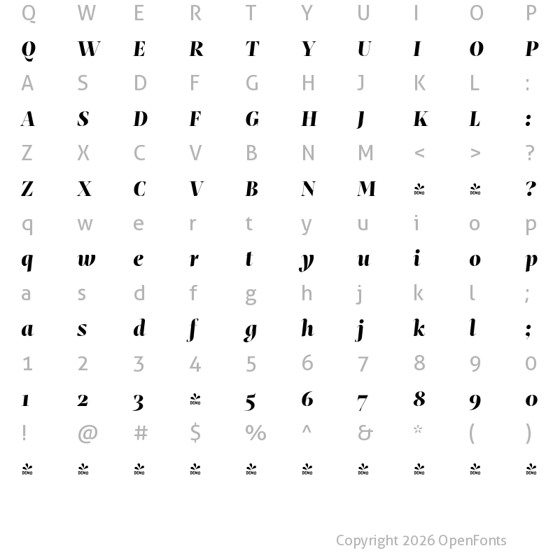 Character Map of FONTSPRING DEMO - Mastro Display Ex Bold Italic Regular