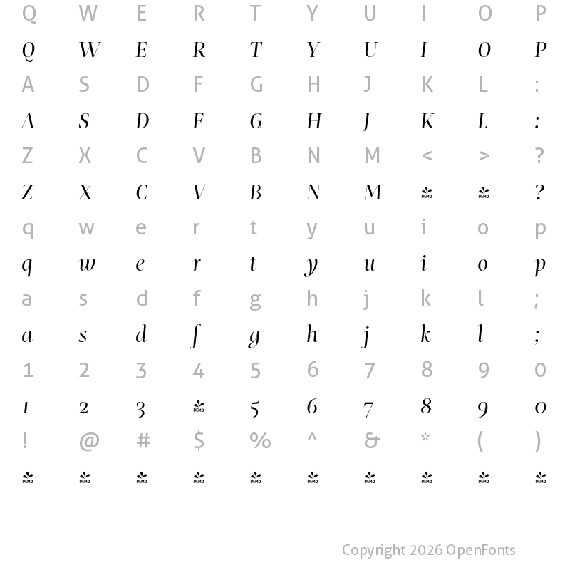 Character Map of FONTSPRING DEMO - Mastro Display Italic