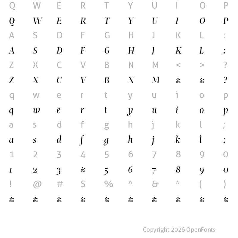 Character Map of FONTSPRING DEMO - Mastro Display Medium Italic Regular