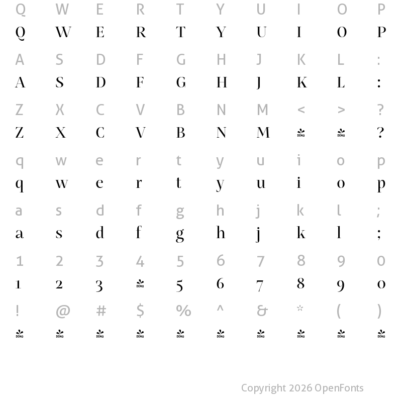 Character Map of FONTSPRING DEMO - Mastro Display Medium Regular