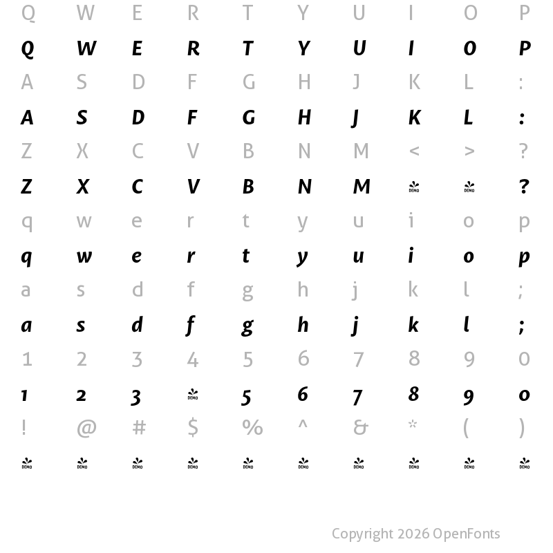 Character Map of FONTSPRING DEMO - Mastro Sans Bold Italic Regular