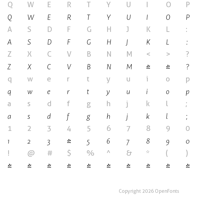 Character Map of FONTSPRING DEMO - Mastro Sans Extra Light Italic Regular