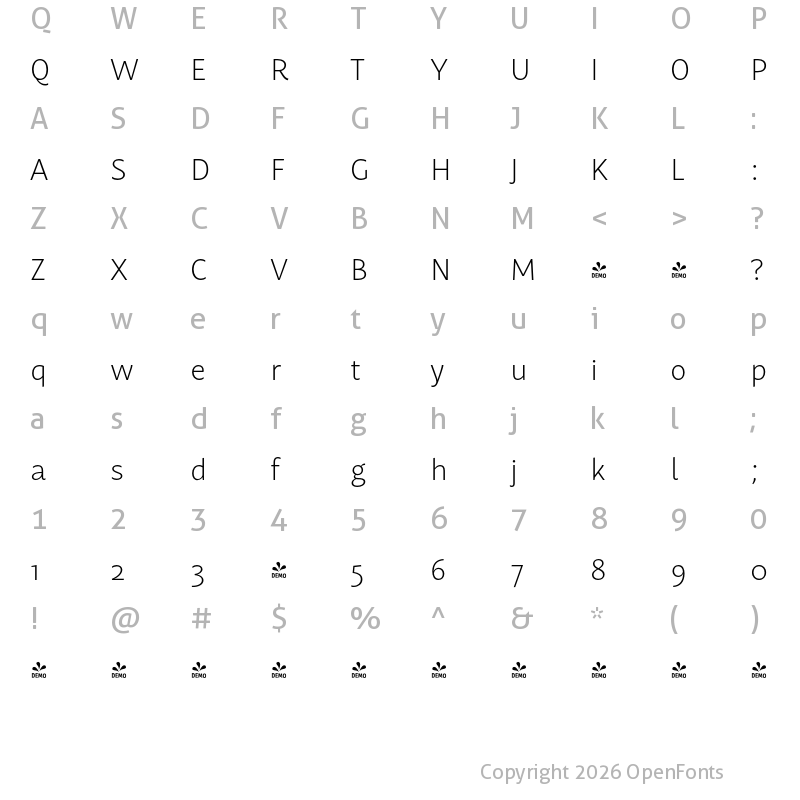 Character Map of FONTSPRING DEMO - Mastro Sans Extra Light Regular