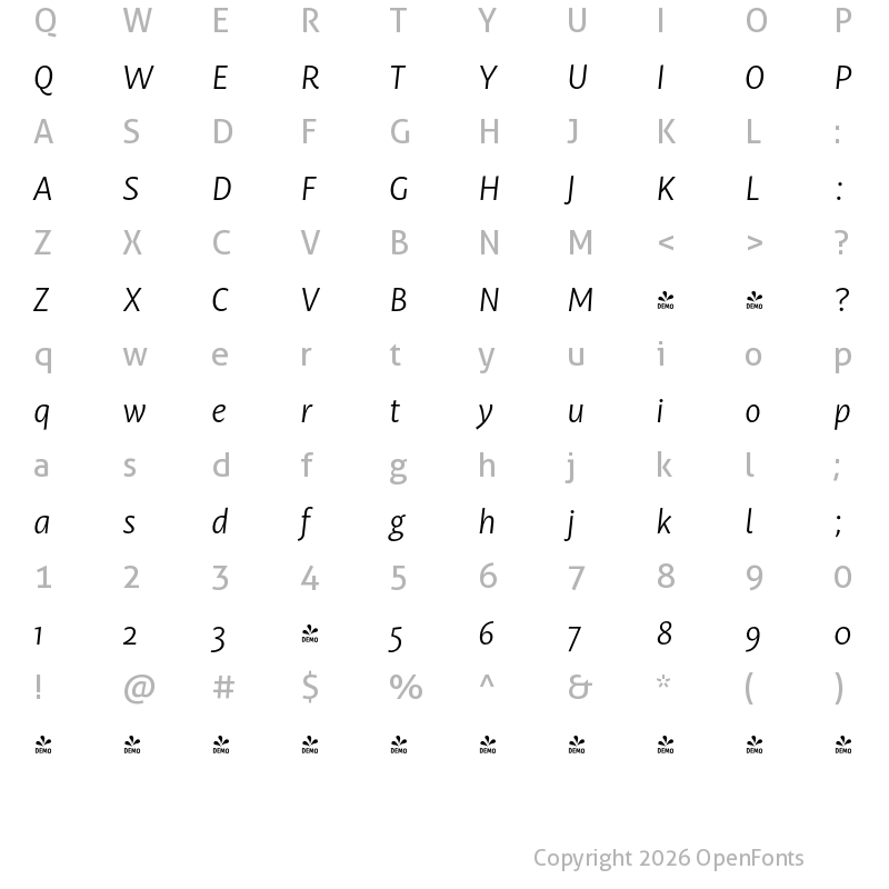 Character Map of FONTSPRING DEMO - Mastro Sans Light Italic Regular