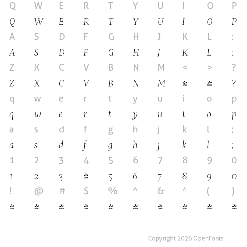 Character Map of FONTSPRING DEMO - Mastro SubHead Ex Light Italic Regular