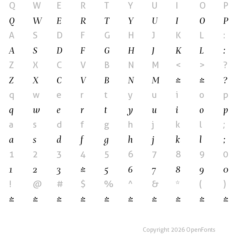 Character Map of FONTSPRING DEMO - Mastro SubHead Italic