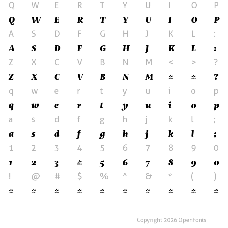 Character Map of FONTSPRING DEMO - Mastro Text Black Italic Regular