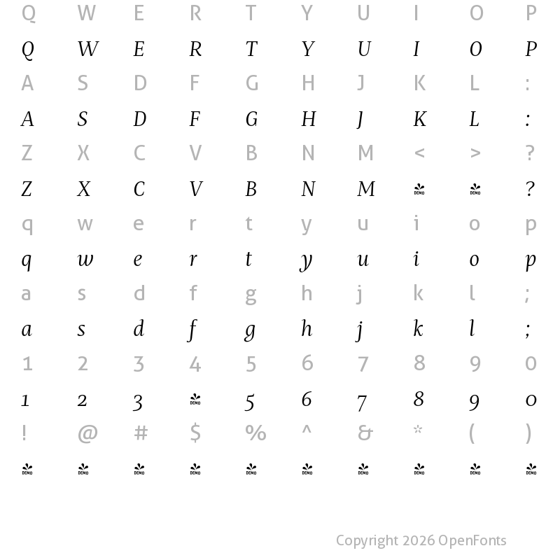 Character Map of FONTSPRING DEMO - Mastro Text Book Italic Regular