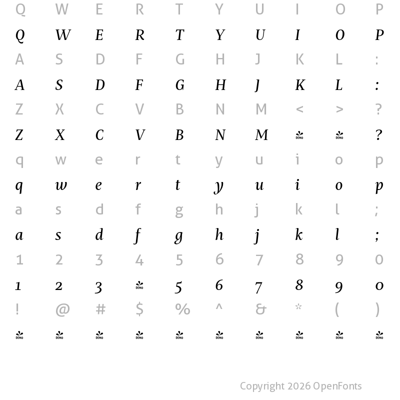 Character Map of FONTSPRING DEMO - Mastro Text Medium Italic Regular