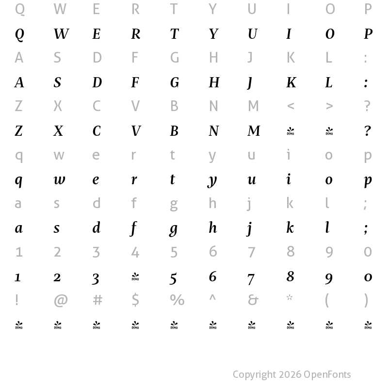 Character Map of FONTSPRING DEMO - Mastro Text Semi Bold Italic Regular