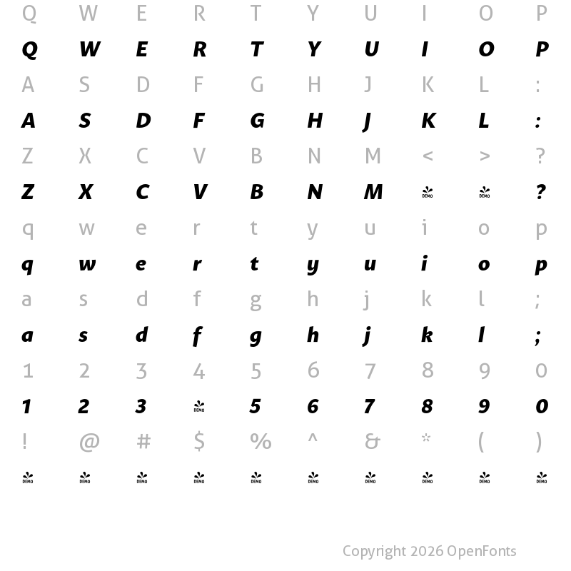 Character Map of FONTSPRING DEMO - Mato Sans Bold Italic Regular