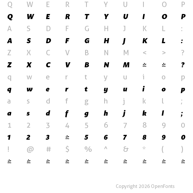 Character Map of FONTSPRING DEMO - Mato Sans ExtraBold Italic Regular