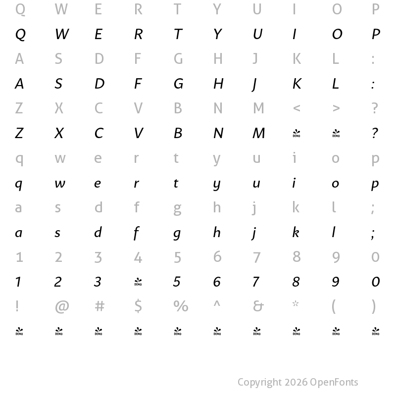 Character Map of FONTSPRING DEMO - Mato Sans Italic Regular