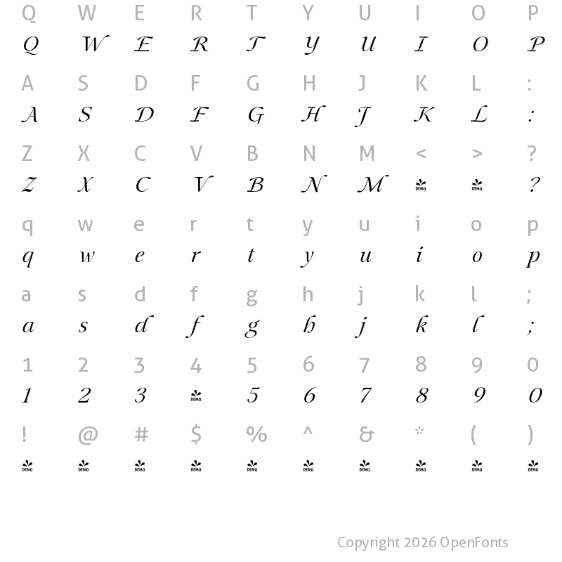Character Map of FONTSPRING DEMO - Mauren Italic