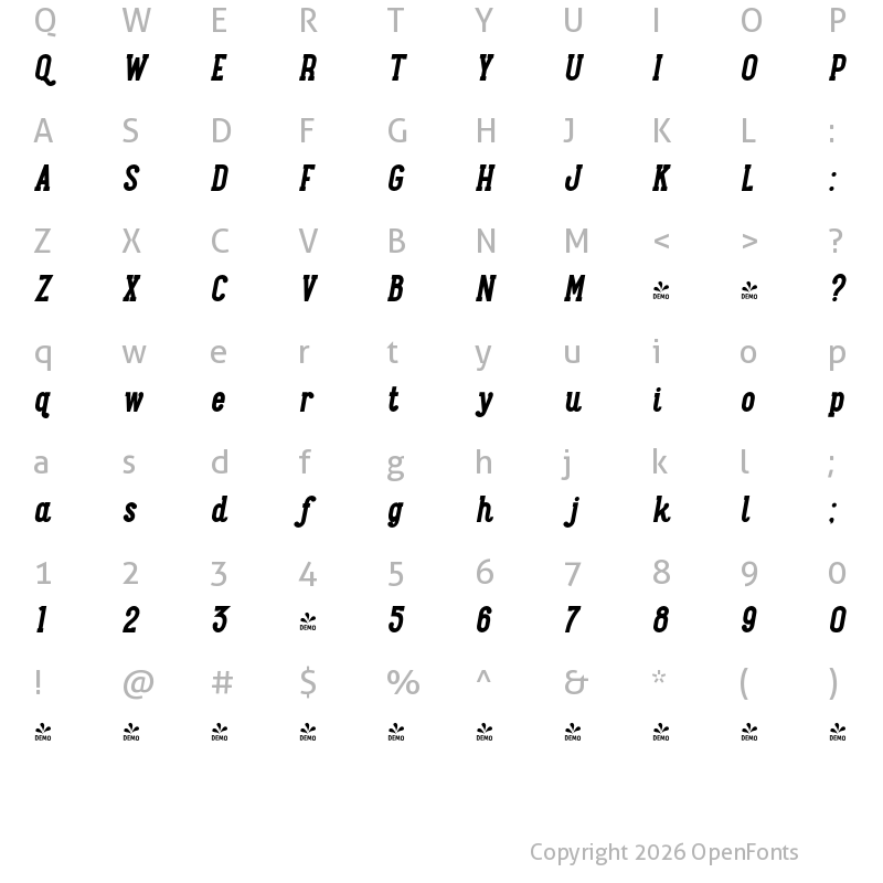 Character Map of FONTSPRING DEMO - Maxwell Slab Bold Italic