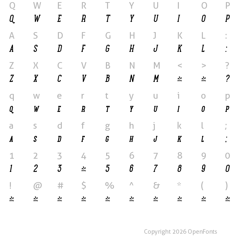 Character Map of FONTSPRING DEMO - Maxwell Slab DemiBold Italic SC