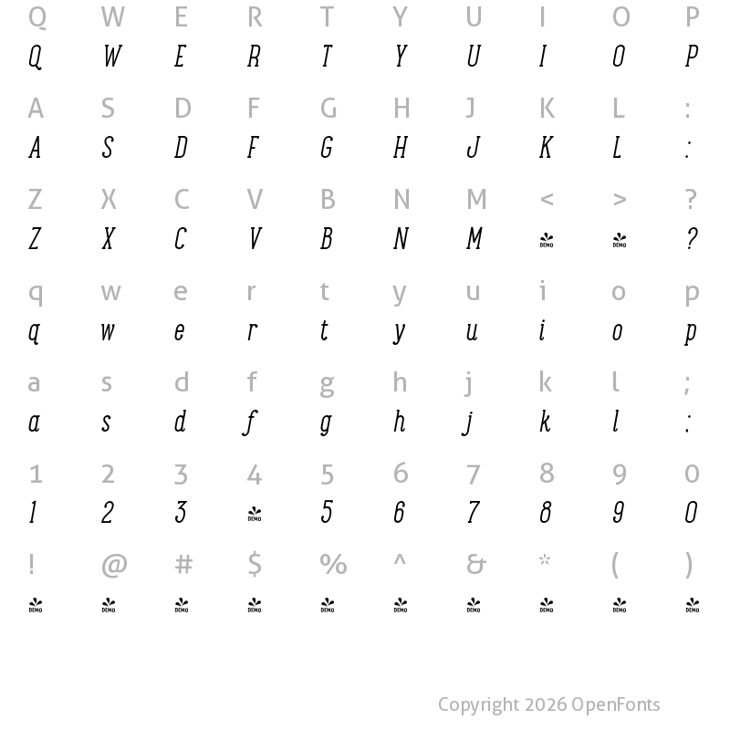 Character Map of FONTSPRING DEMO - Maxwell Slab Italic