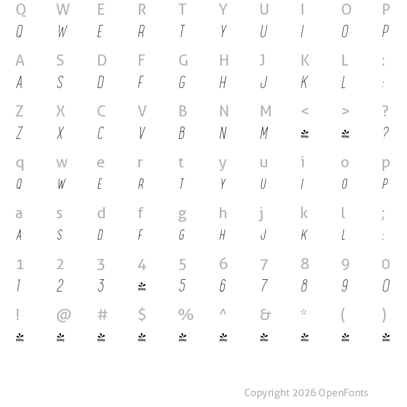 Character Map of FONTSPRING DEMO - Maxwell SmCaps Light Italic