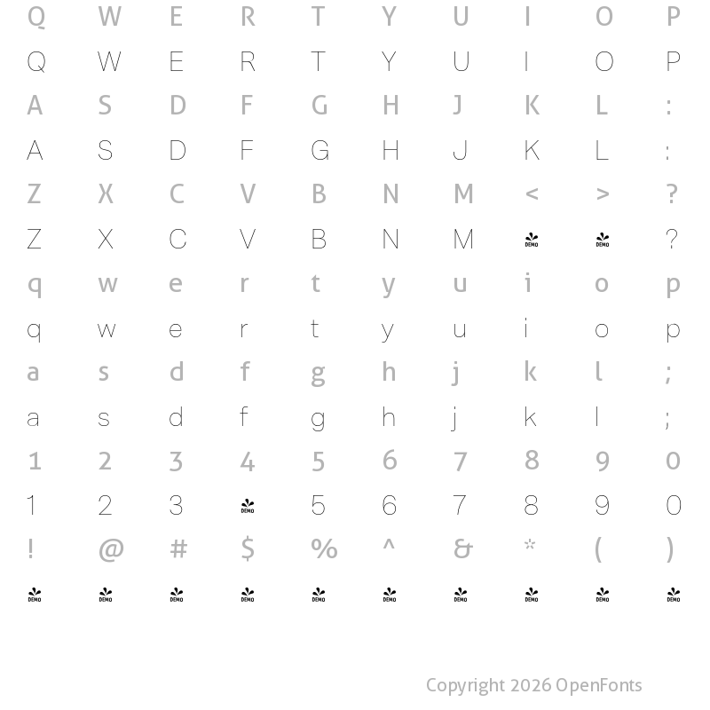 Character Map of FONTSPRING DEMO - Mazin Thin Regular