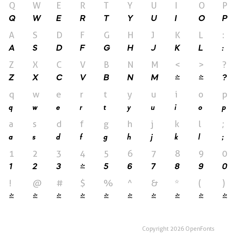 Character Map of FONTSPRING DEMO - Mazzard L Bold Italic