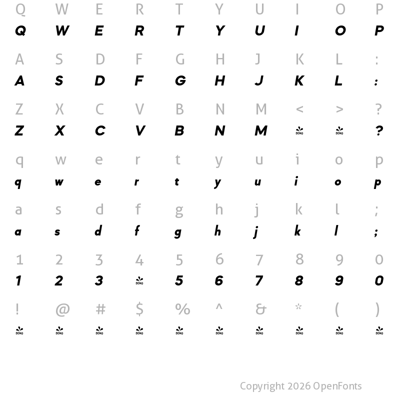 Character Map of FONTSPRING DEMO - Mazzard L ExtBd Italic