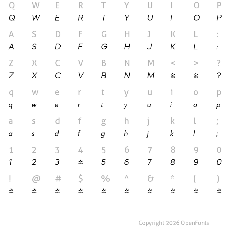 Character Map of FONTSPRING DEMO - Mazzard L Italic