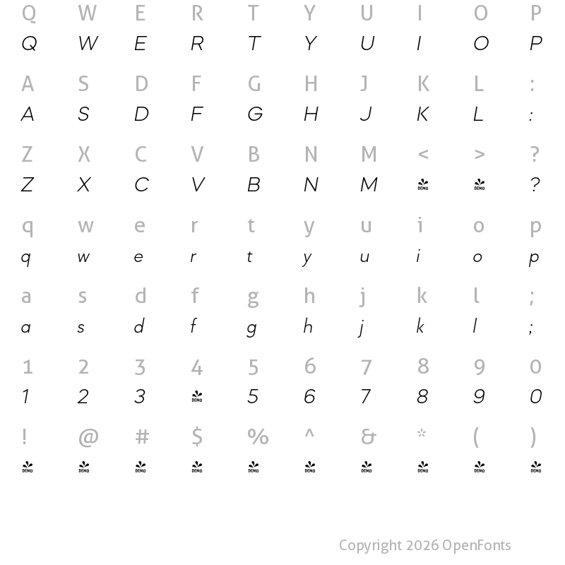 Character Map of FONTSPRING DEMO - Mazzard L Light Italic