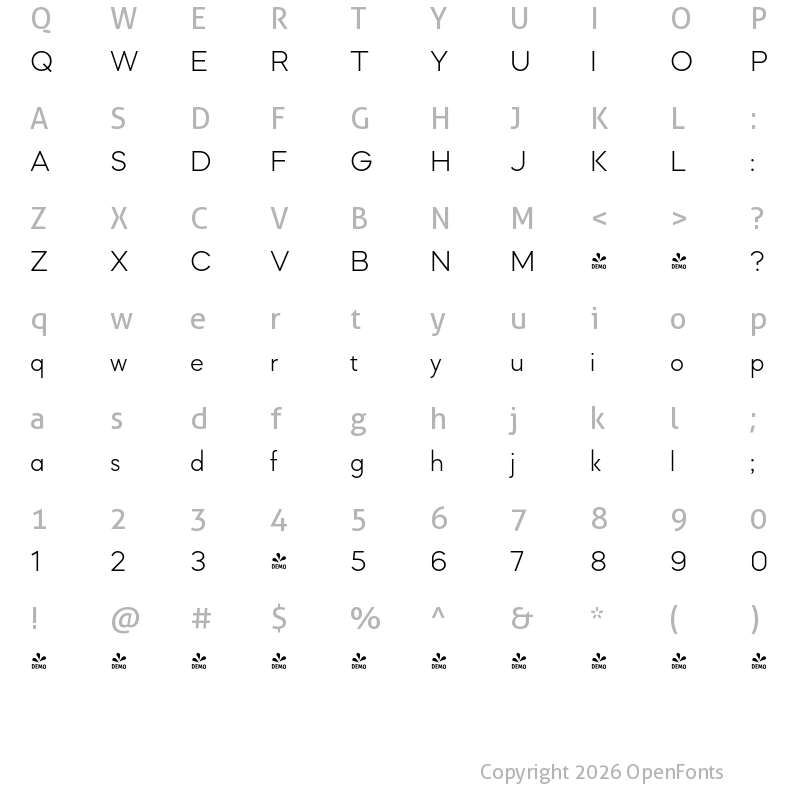 Character Map of FONTSPRING DEMO - Mazzard L Light Regular