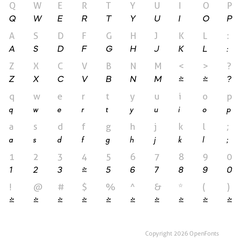 Character Map of FONTSPRING DEMO - Mazzard L Med Italic