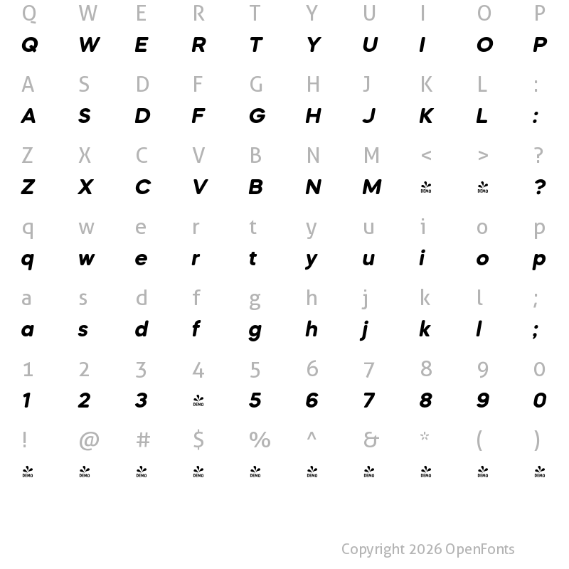 Character Map of FONTSPRING DEMO - Mazzard Soft H Bold Italic