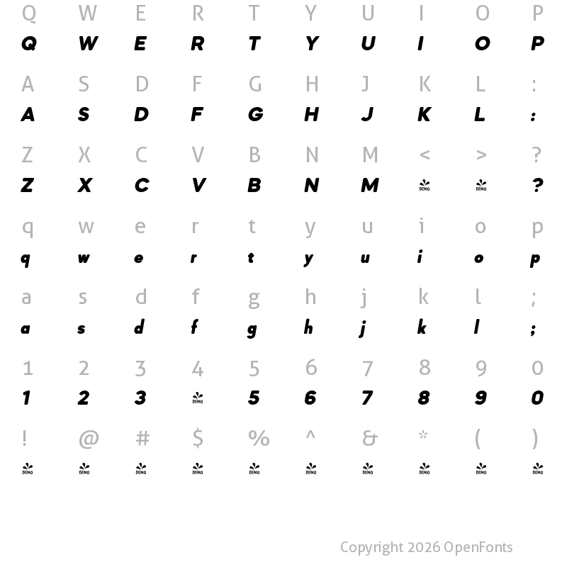 Character Map of FONTSPRING DEMO - Mazzard Soft L Black Italic