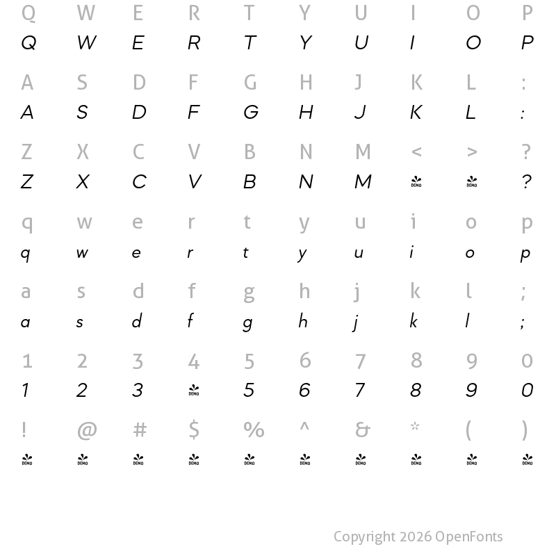 Character Map of FONTSPRING DEMO - Mazzard Soft L Italic