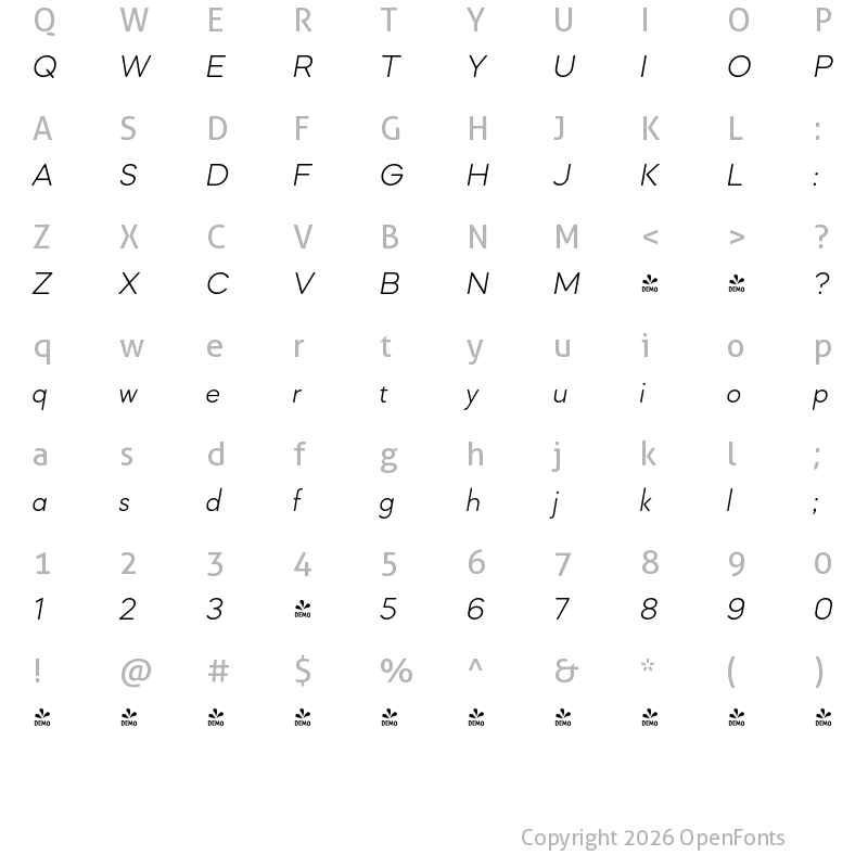 Character Map of FONTSPRING DEMO - Mazzard Soft L Light Italic