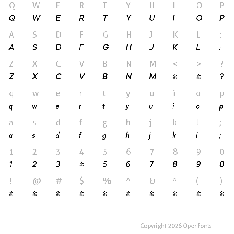 Character Map of FONTSPRING DEMO - Mazzard Soft L SemBd Italic