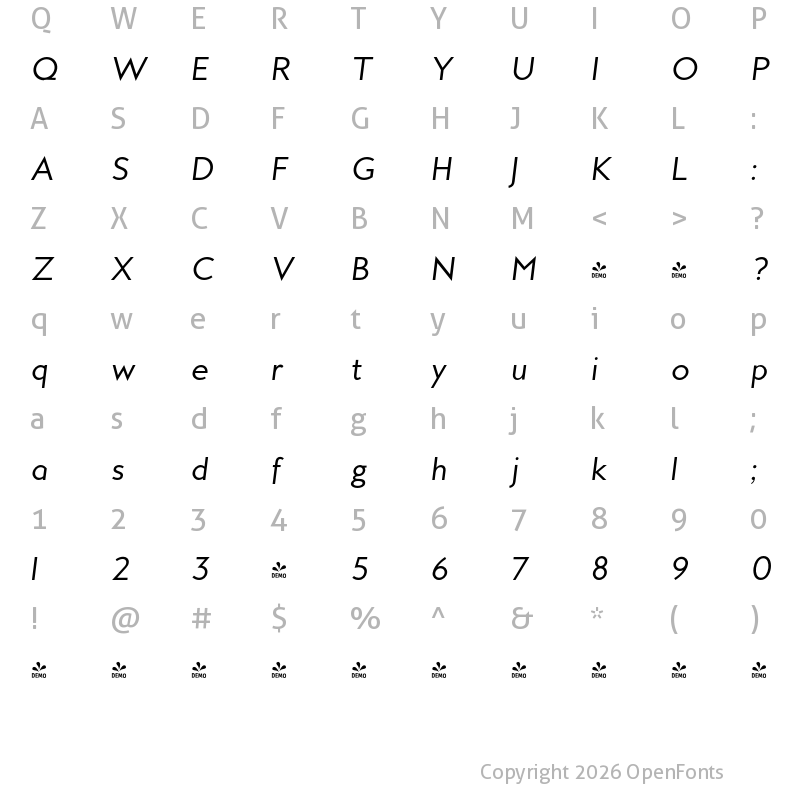 Character Map of FONTSPRING DEMO - MB Empire Book Italic