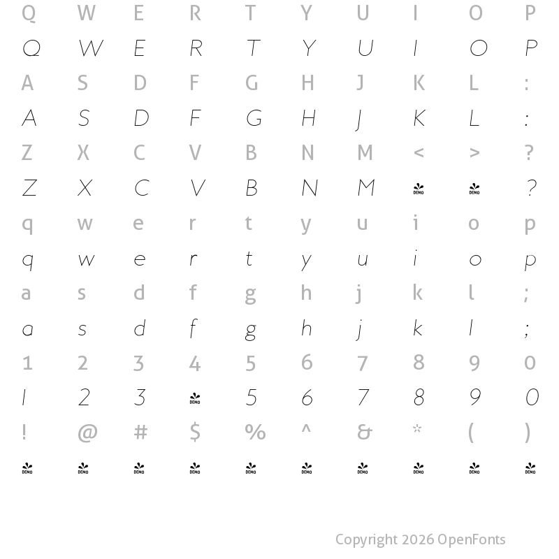 Character Map of FONTSPRING DEMO - MB Empire Thin Italic