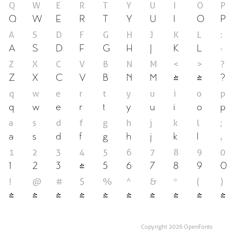 Character Map of FONTSPRING DEMO - MB Vinatage Light